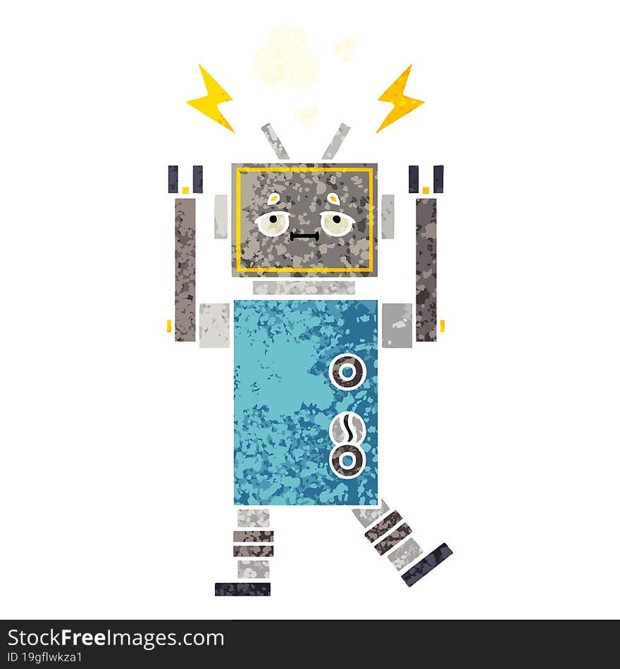 retro illustration style cartoon of a malfunctioning robot