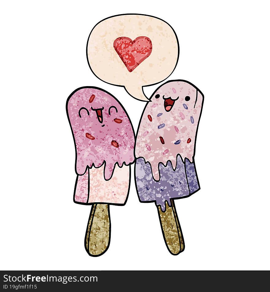 cartoon ice lolly in love with speech bubble in retro texture style