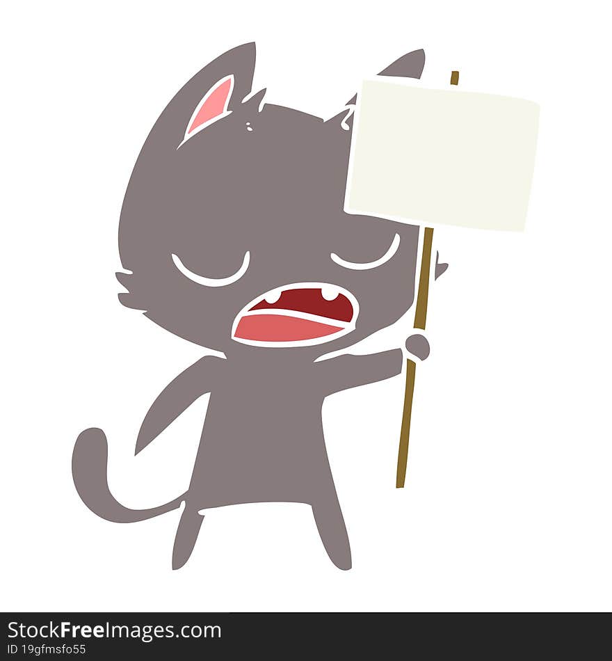 talking cat flat color style cartoon with placard