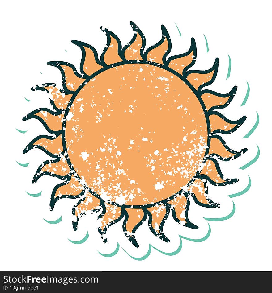 distressed sticker tattoo style icon of a sun