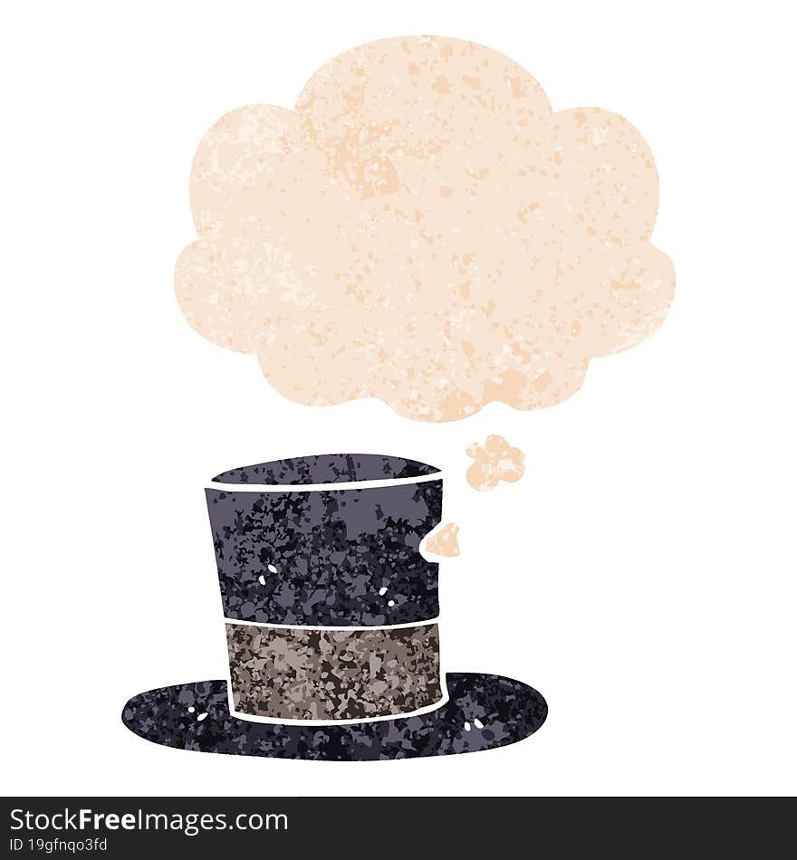 cartoon top hat and thought bubble in retro textured style