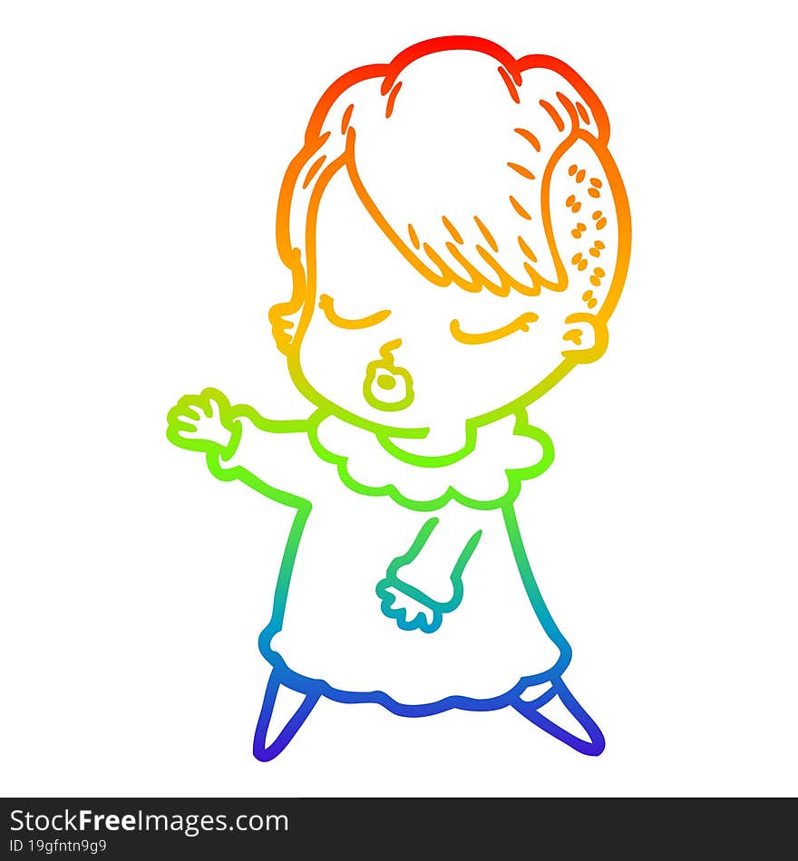 Rainbow Gradient Line Drawing Cartoon Pretty Hipster Girl