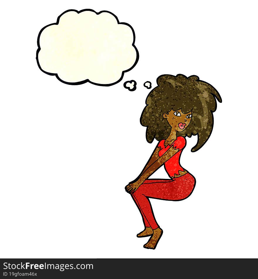 cartoon woman with big hair with thought bubble