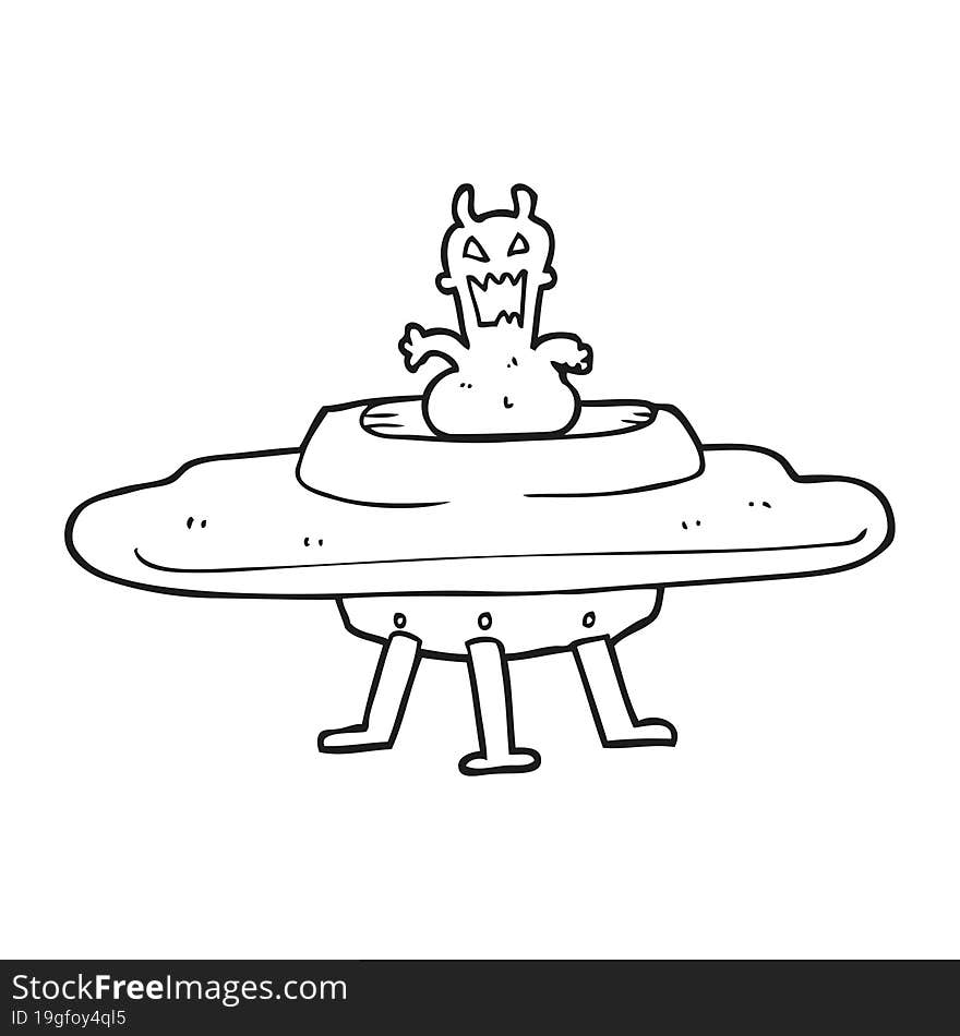 Black And White Cartoon Alien In Flying Saucer