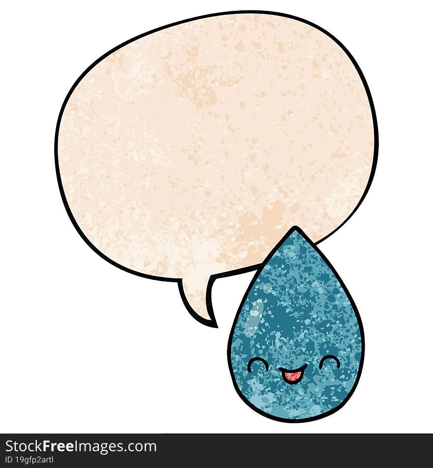 cartoon cute raindrop and speech bubble in retro texture style