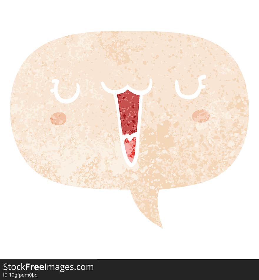 cute happy cartoon face and speech bubble in retro textured style