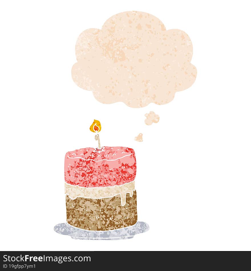 cartoon cake and thought bubble in retro textured style