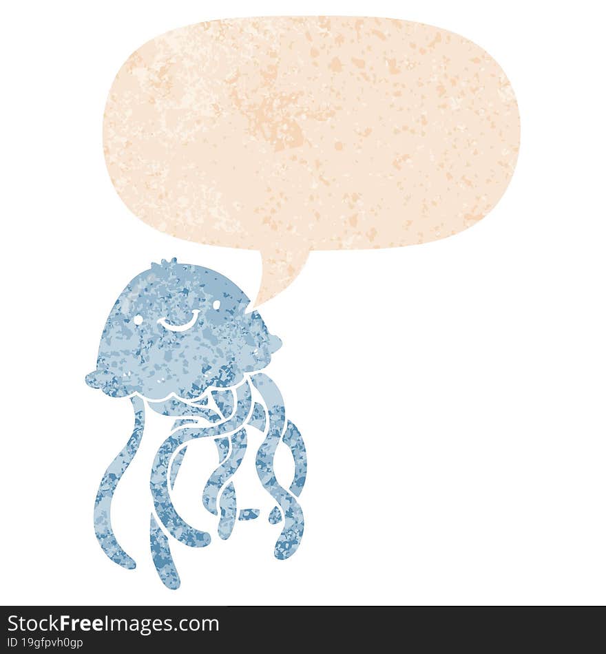 cartoon happy jellyfish and speech bubble in retro textured style