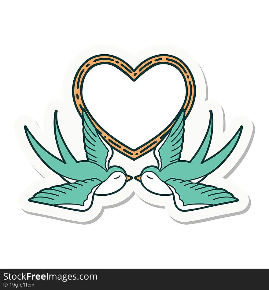 sticker of tattoo in traditional style of swallows and a heart. sticker of tattoo in traditional style of swallows and a heart