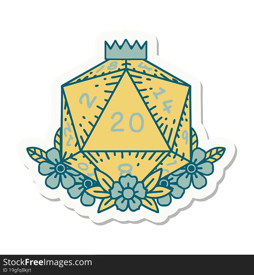 sticker of a natural 20 D20 dice roll with floral elements. sticker of a natural 20 D20 dice roll with floral elements