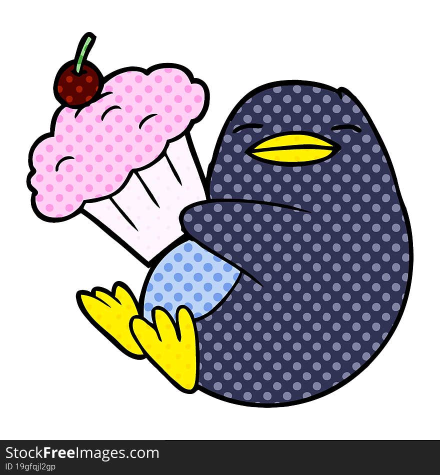 cartoon penguin with cupcake. cartoon penguin with cupcake