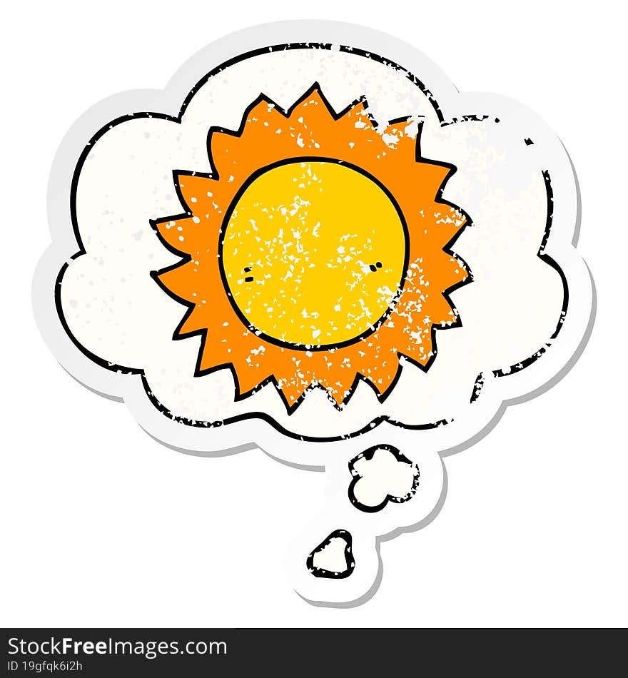 cartoon sun and thought bubble as a distressed worn sticker