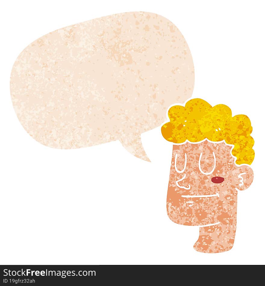 cartoon male face and speech bubble in retro textured style