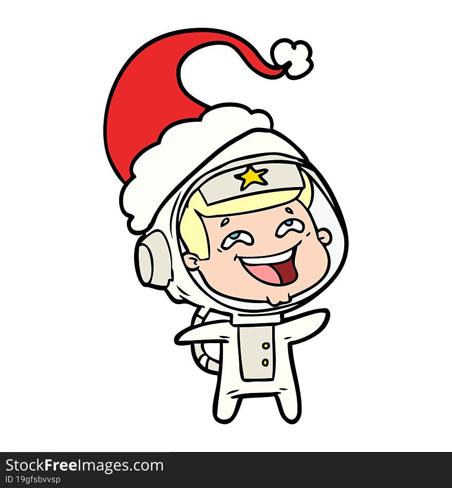 line drawing of a laughing astronaut wearing santa hat