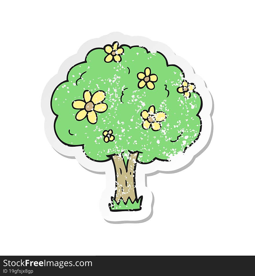 retro distressed sticker of a cartoon tree with flowers