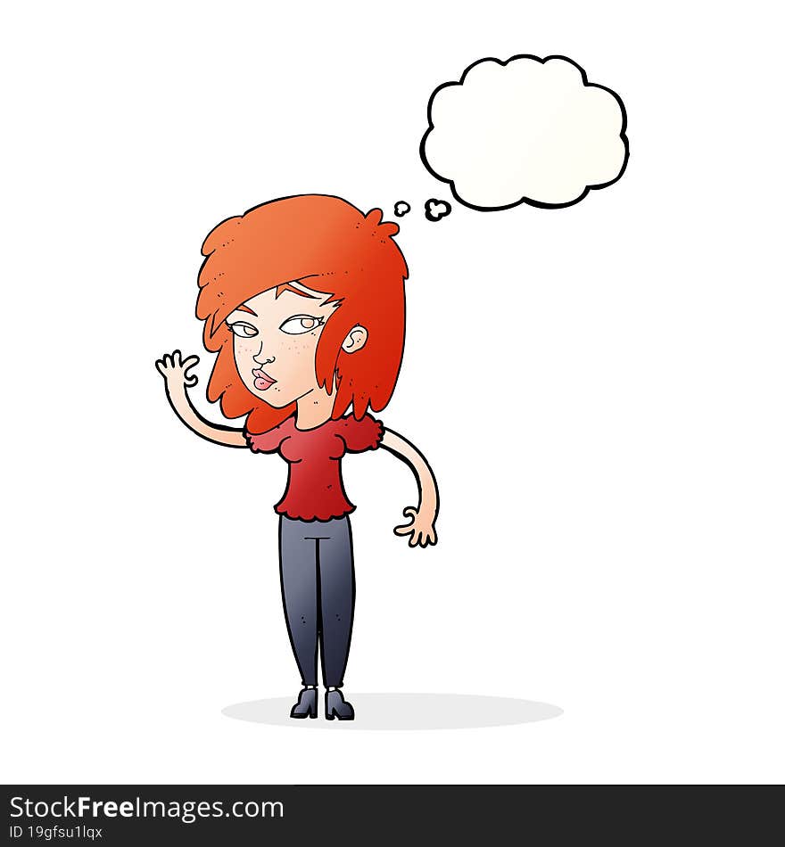 cartoon pretty woman waving with thought bubble