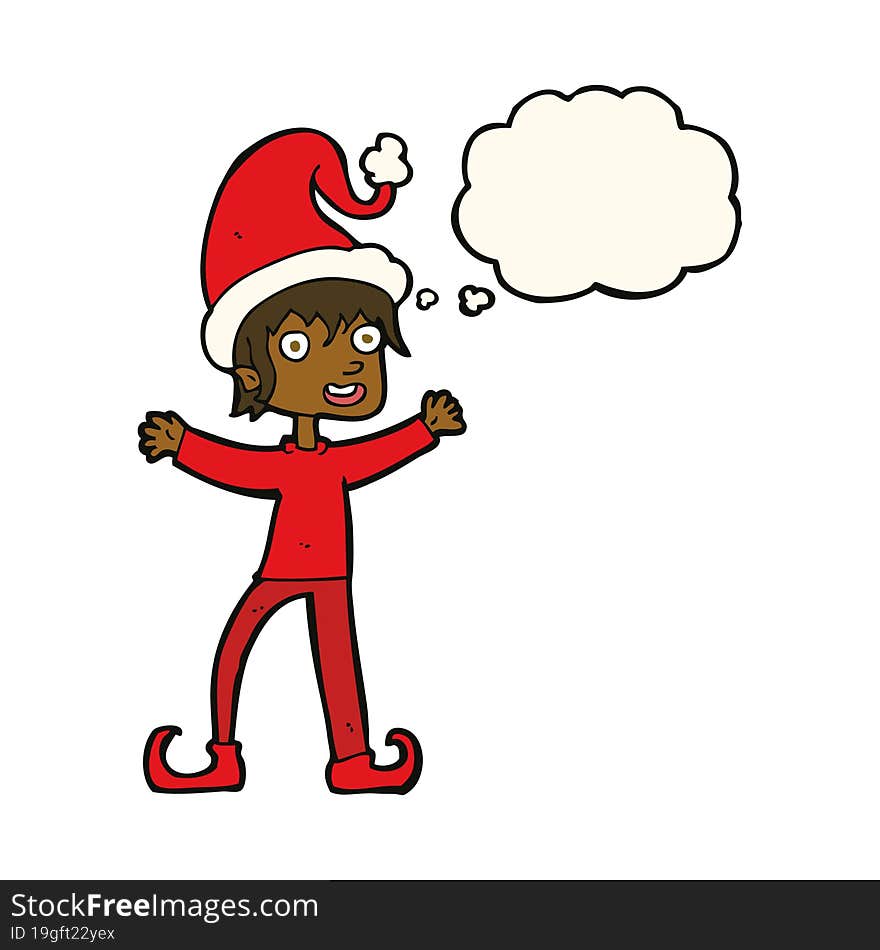 cartoon excited christmas elf with thought bubble