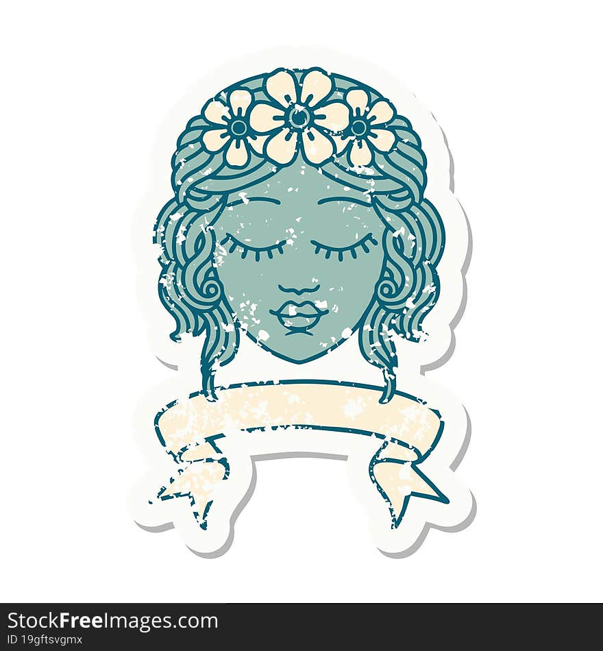 grunge sticker with banner of female face with eyes closed