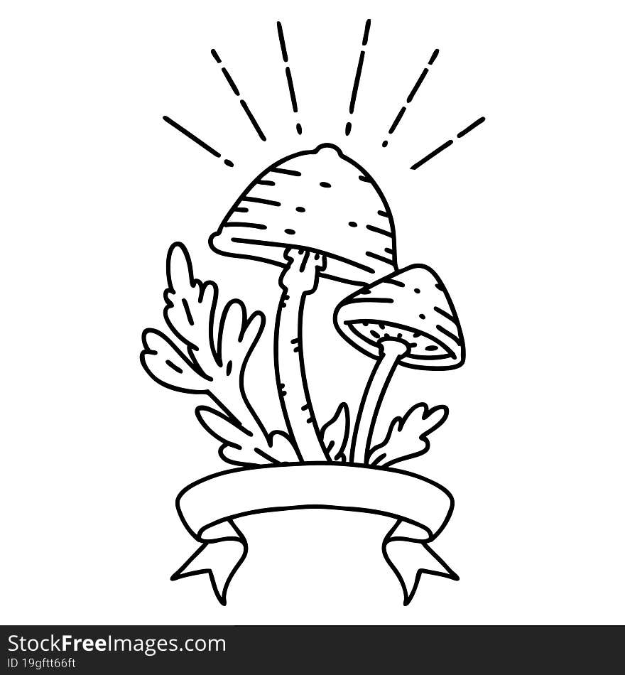 Banner With Black Line Work Tattoo Style Mushrooms