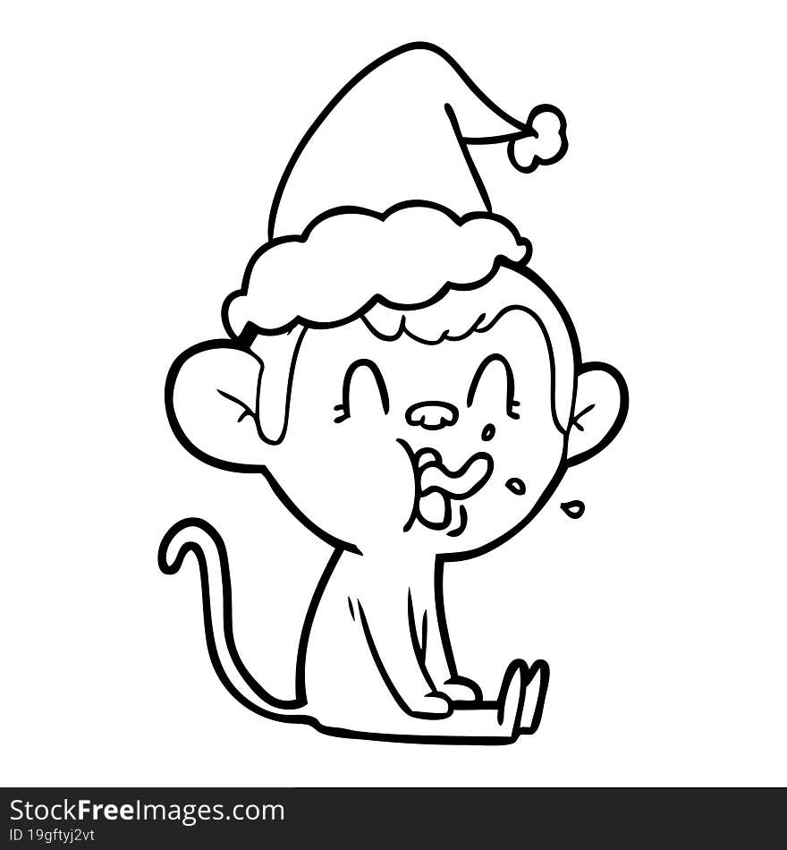 crazy line drawing of a monkey sitting wearing santa hat