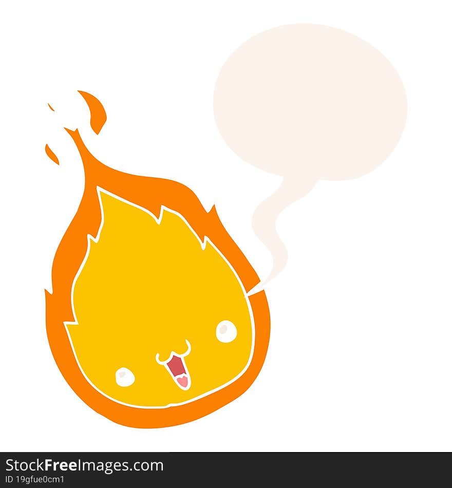 cute cartoon flame and speech bubble in retro style