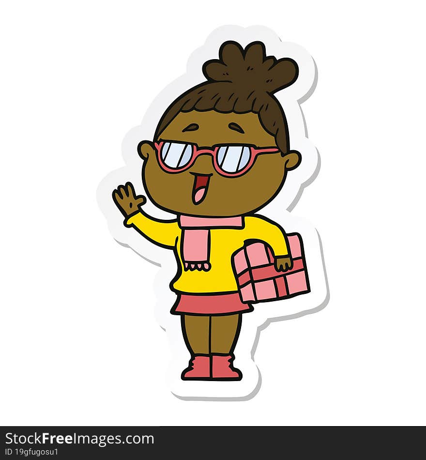 sticker of a cartoon happy woman wearing spectacles