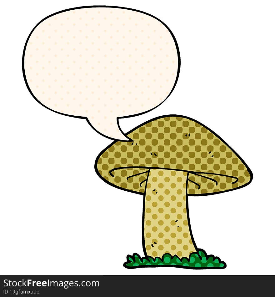 cartoon mushroom with speech bubble in comic book style