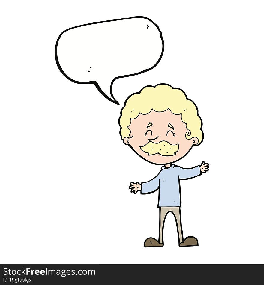 cartoon happy man with mustache with speech bubble