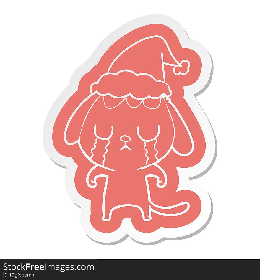 cute quirky cartoon  sticker of a dog crying wearing santa hat