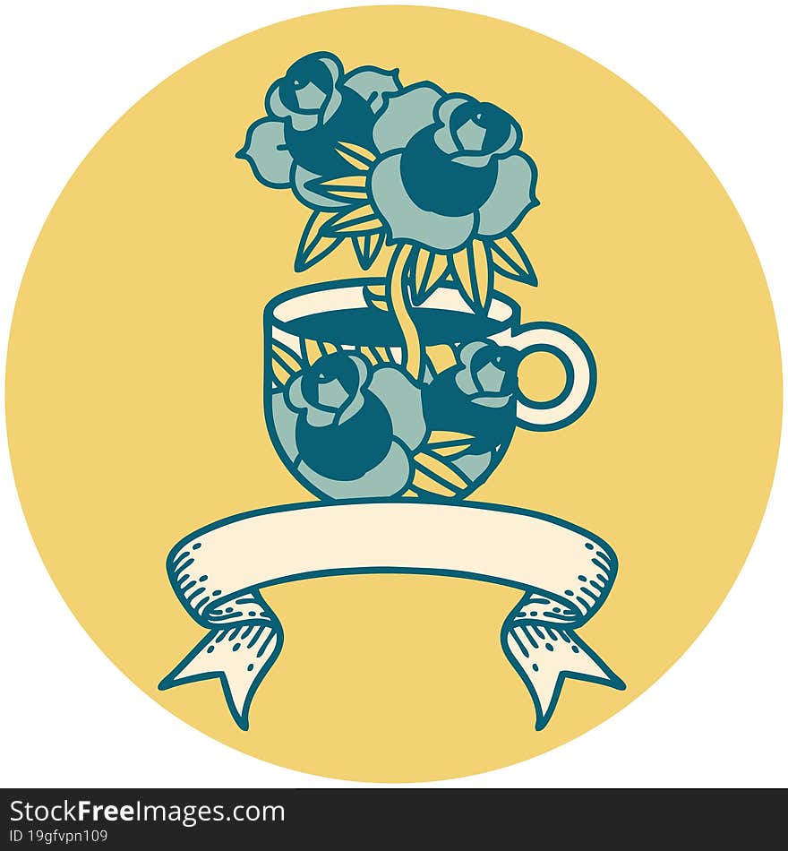 tattoo style icon with banner of a cup and flowers