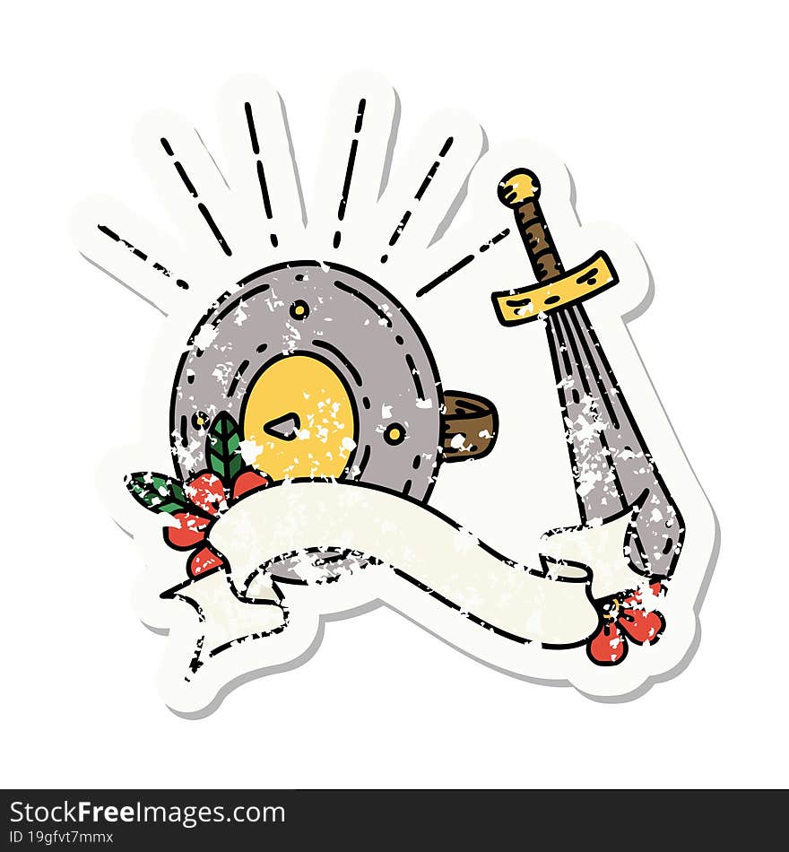 Grunge Sticker Of Tattoo Style Shield And Sword