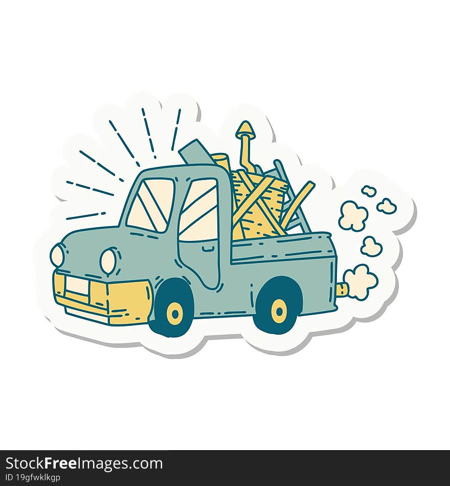 sticker of tattoo style truck carrying junk