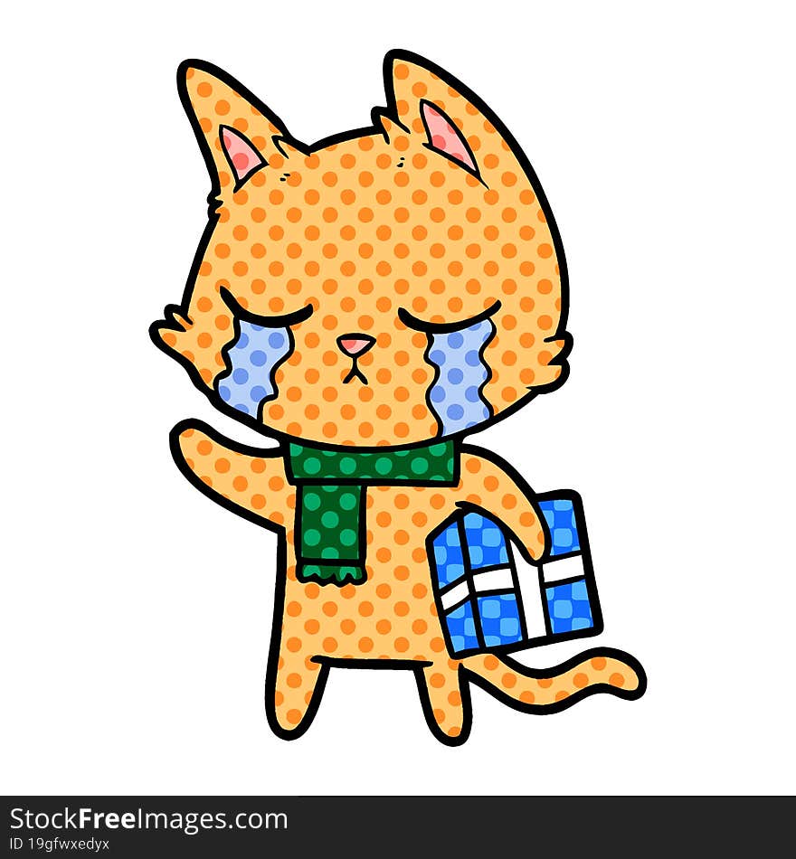 crying cartoon cat holding christmas present. crying cartoon cat holding christmas present