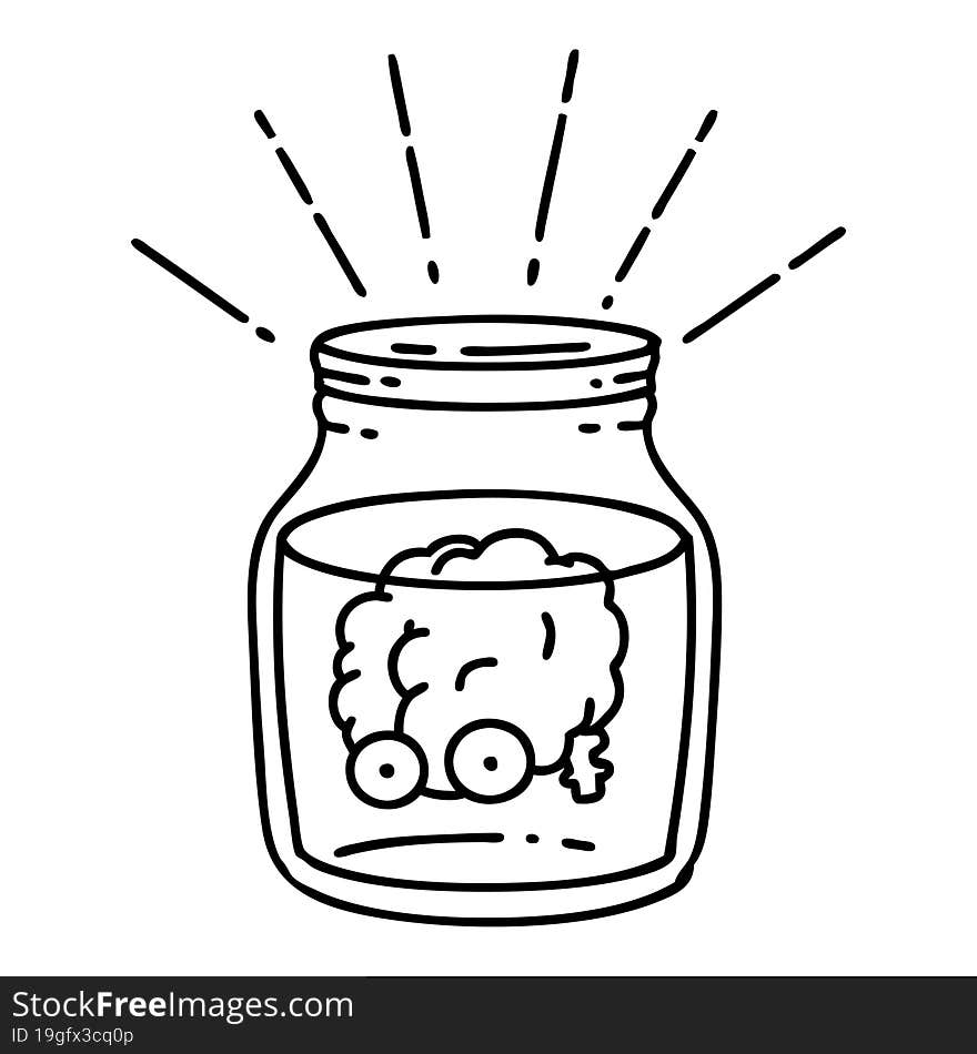 illustration of a traditional black line work tattoo style brain in jar