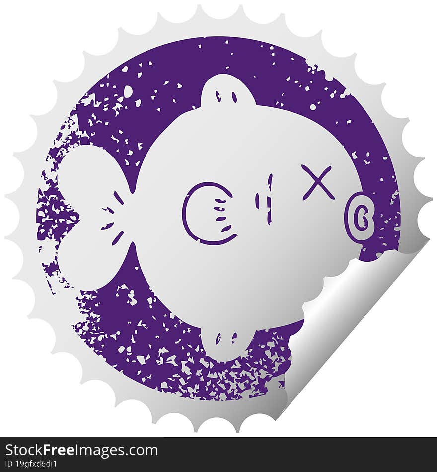 quirky distressed circular peeling sticker symbol fish