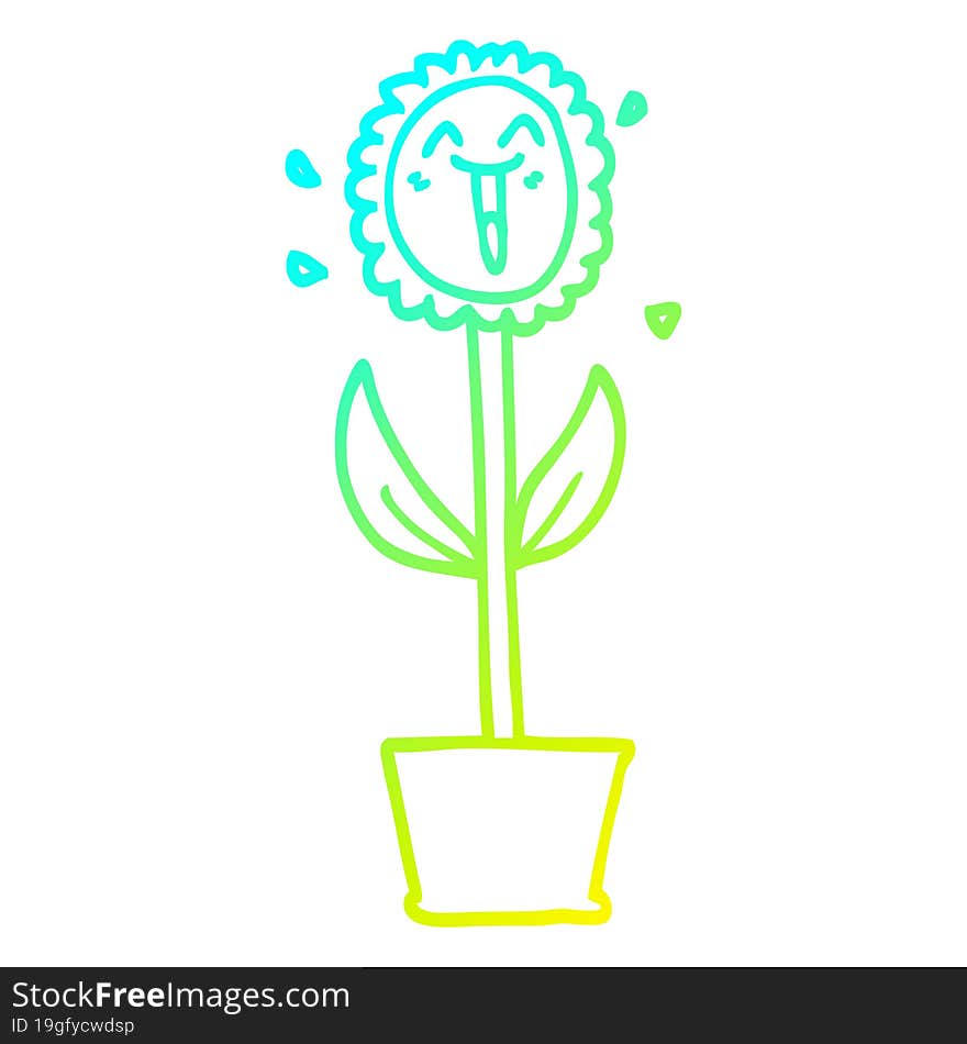 cold gradient line drawing of a cartoon flower in pot