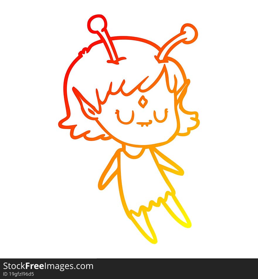 warm gradient line drawing of a cartoon alien girl