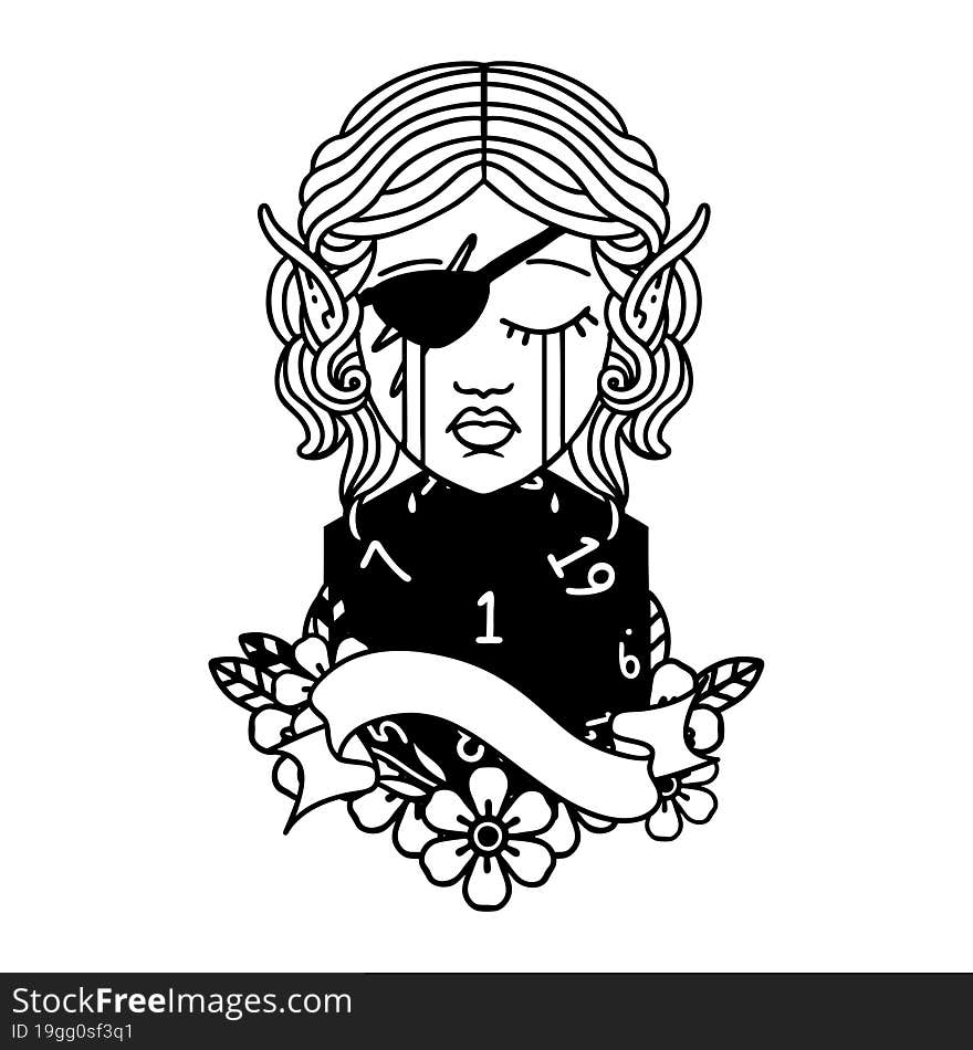 Black and White Tattoo linework Style crying elf rogue character face with natural one D20 roll. Black and White Tattoo linework Style crying elf rogue character face with natural one D20 roll