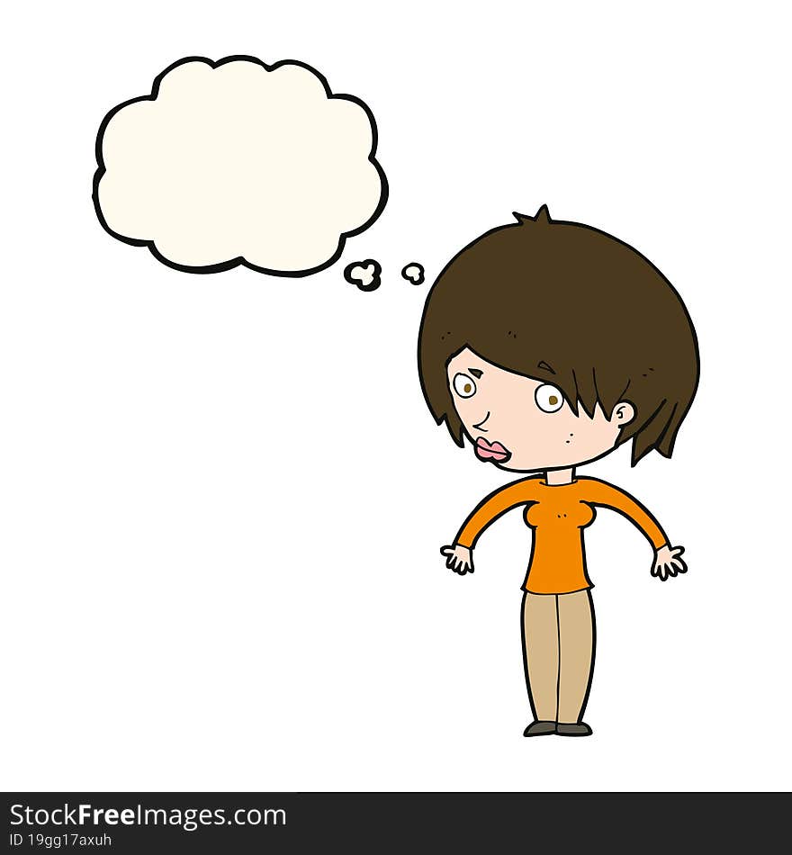 Cartoon Woman Shrugging With Thought Bubble