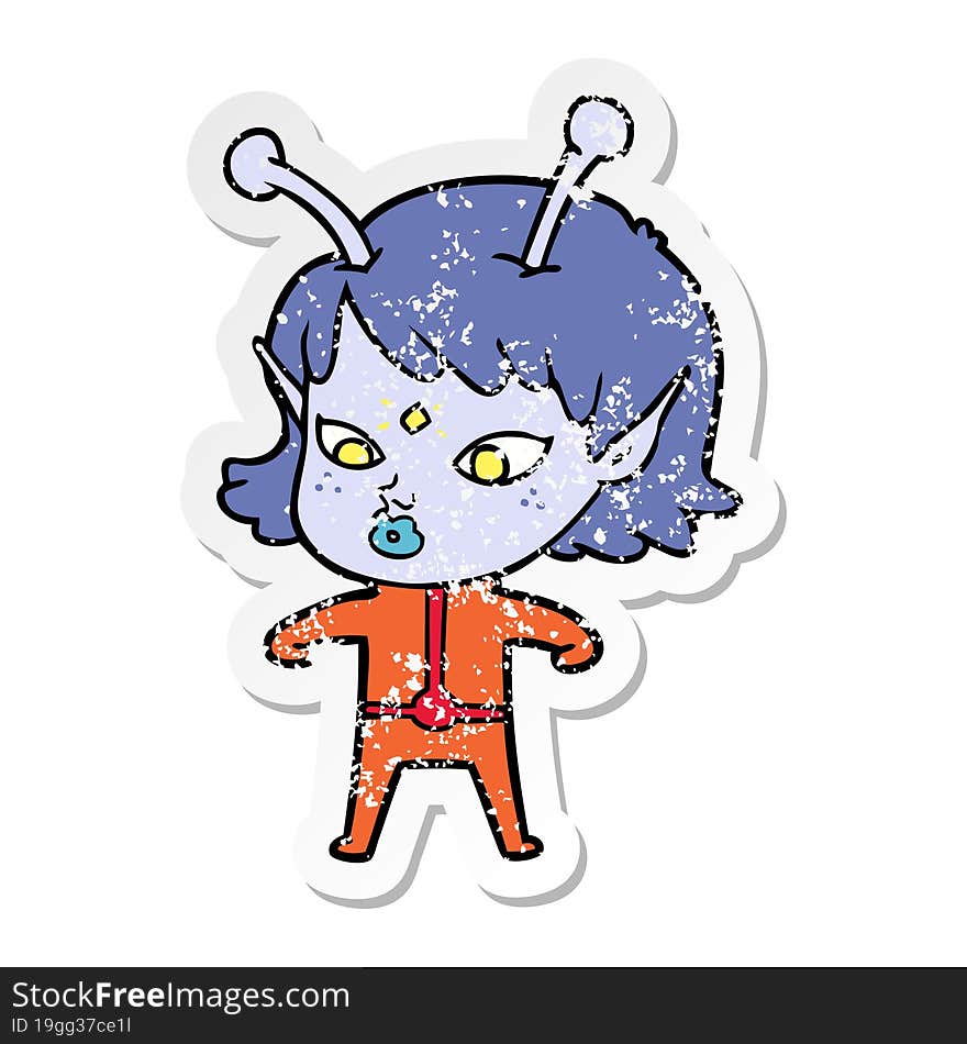 Distressed Sticker Of A Pretty Cartoon Alien Girl