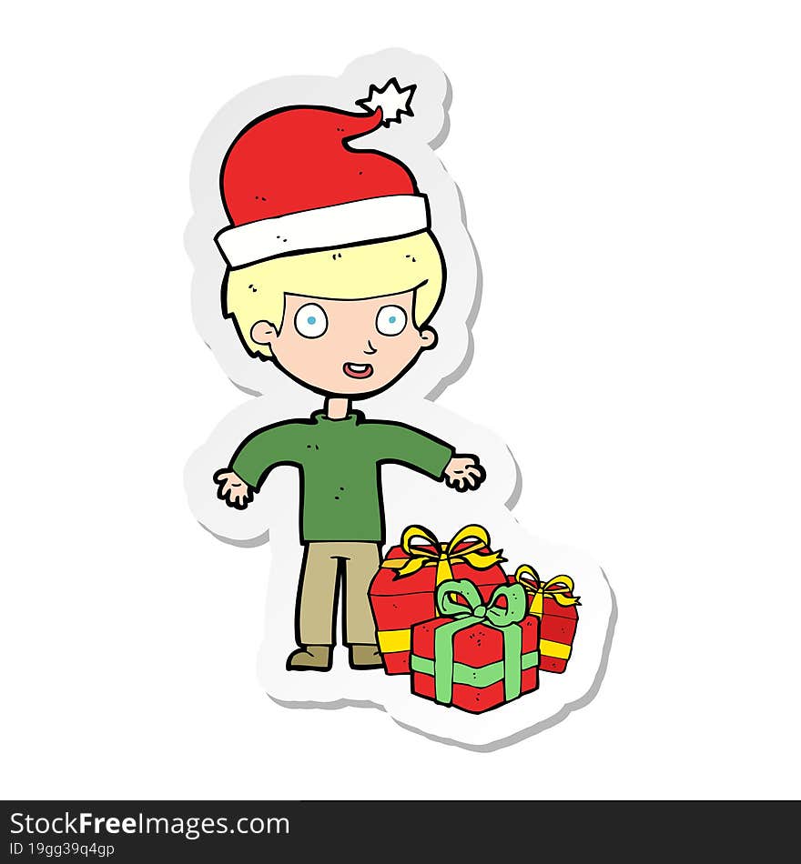 Sticker Of A Cartoon Boy With Present