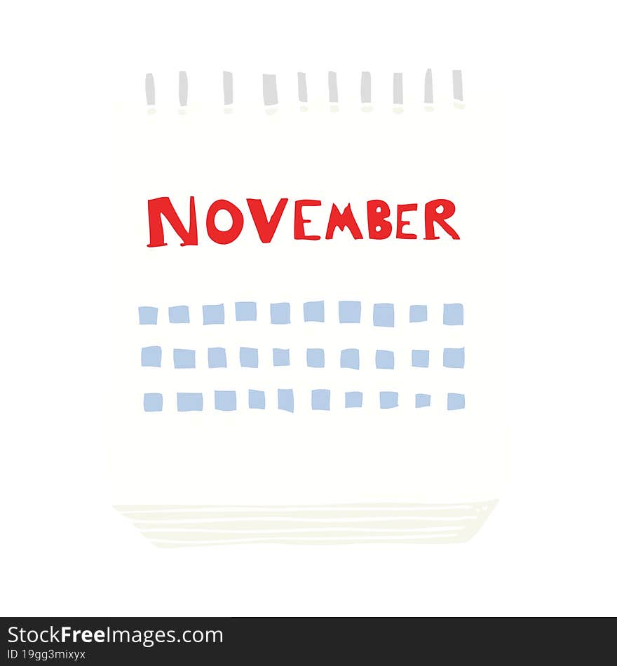 flat color illustration of a cartoon calendar showing month of november