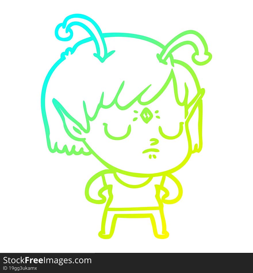 cold gradient line drawing of a cartoon alien girl