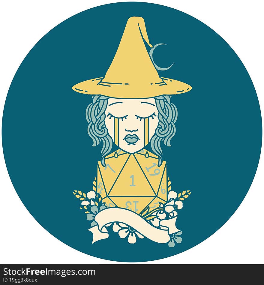 Retro Tattoo Style human witch with natural one D20 roll. Retro Tattoo Style human witch with natural one D20 roll