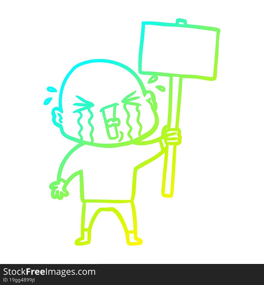 cold gradient line drawing cartoon crying bald man