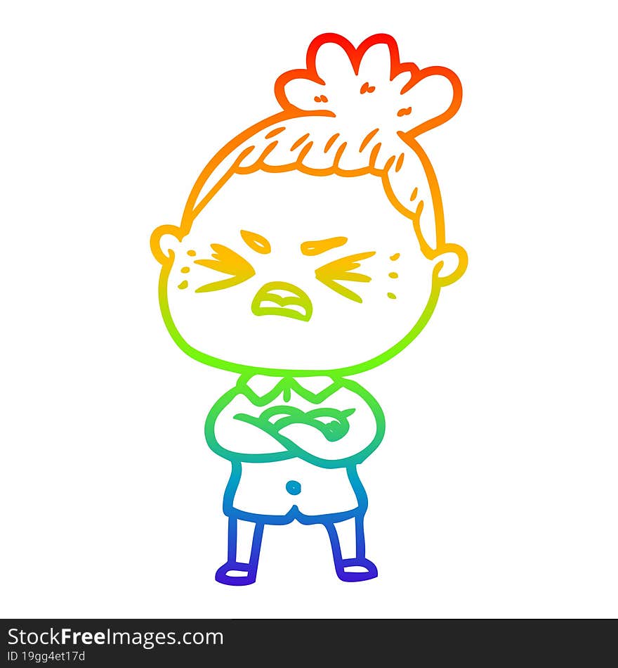 rainbow gradient line drawing of a cartoon angry woman