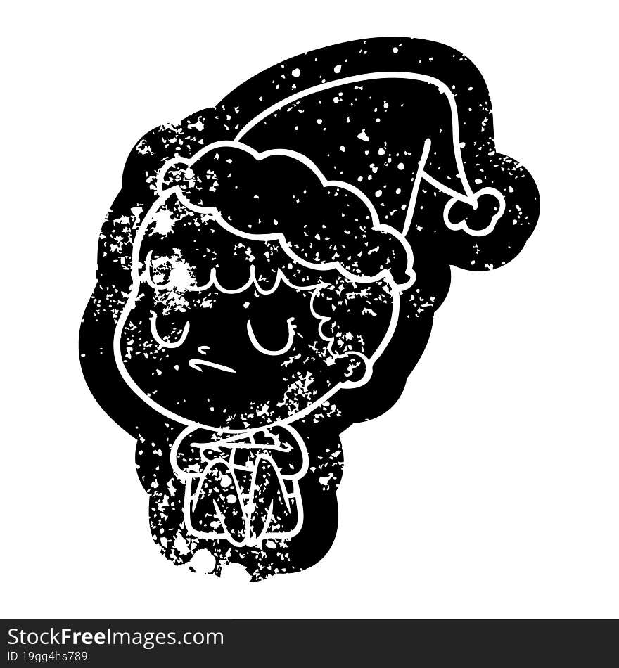 cartoon distressed icon of a grumpy boy wearing santa hat