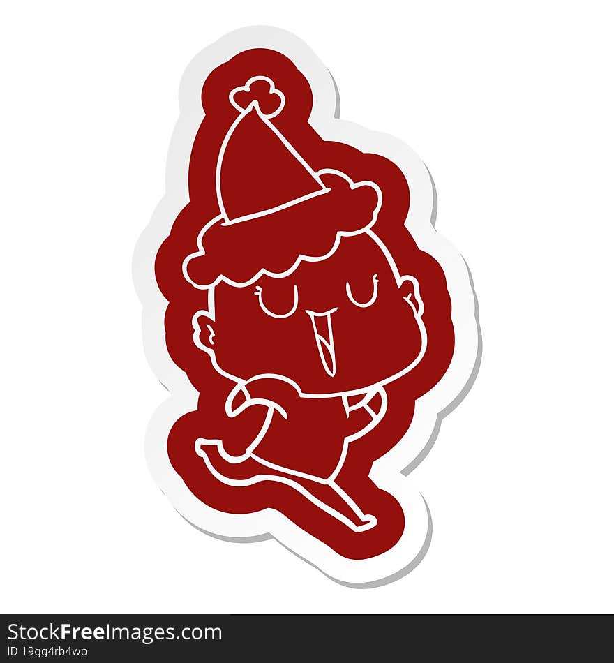 happy cartoon  sticker of a bald man wearing santa hat