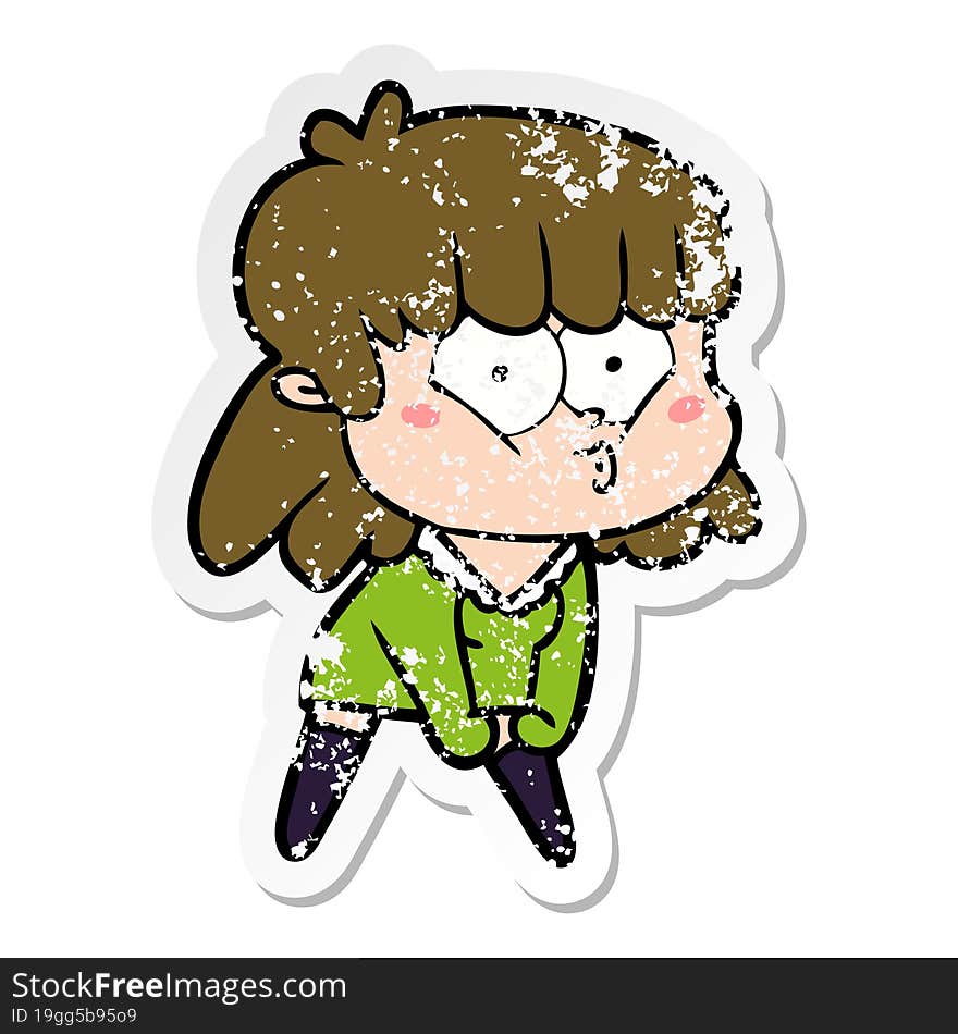 Distressed Sticker Of A Cartoon Whistling Girl