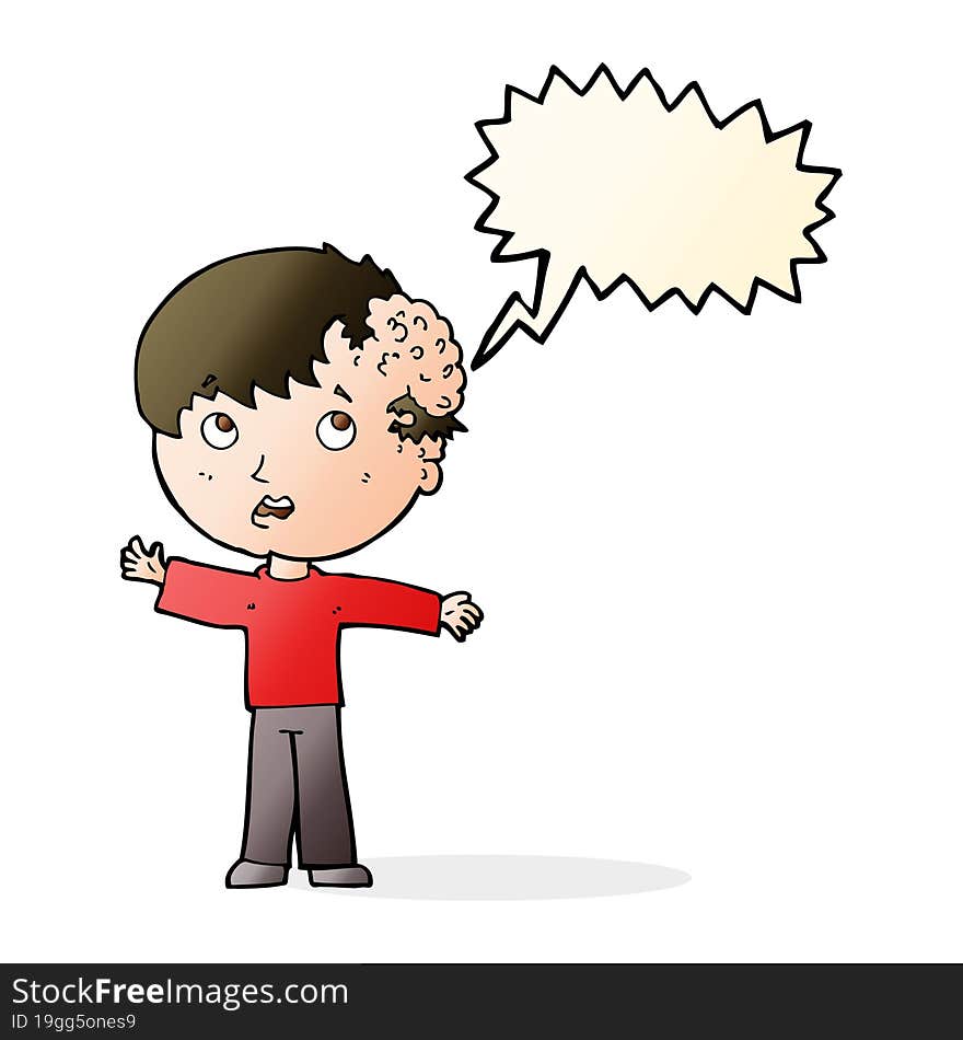 Cartoon Boy With Growth On Head With Speech Bubble